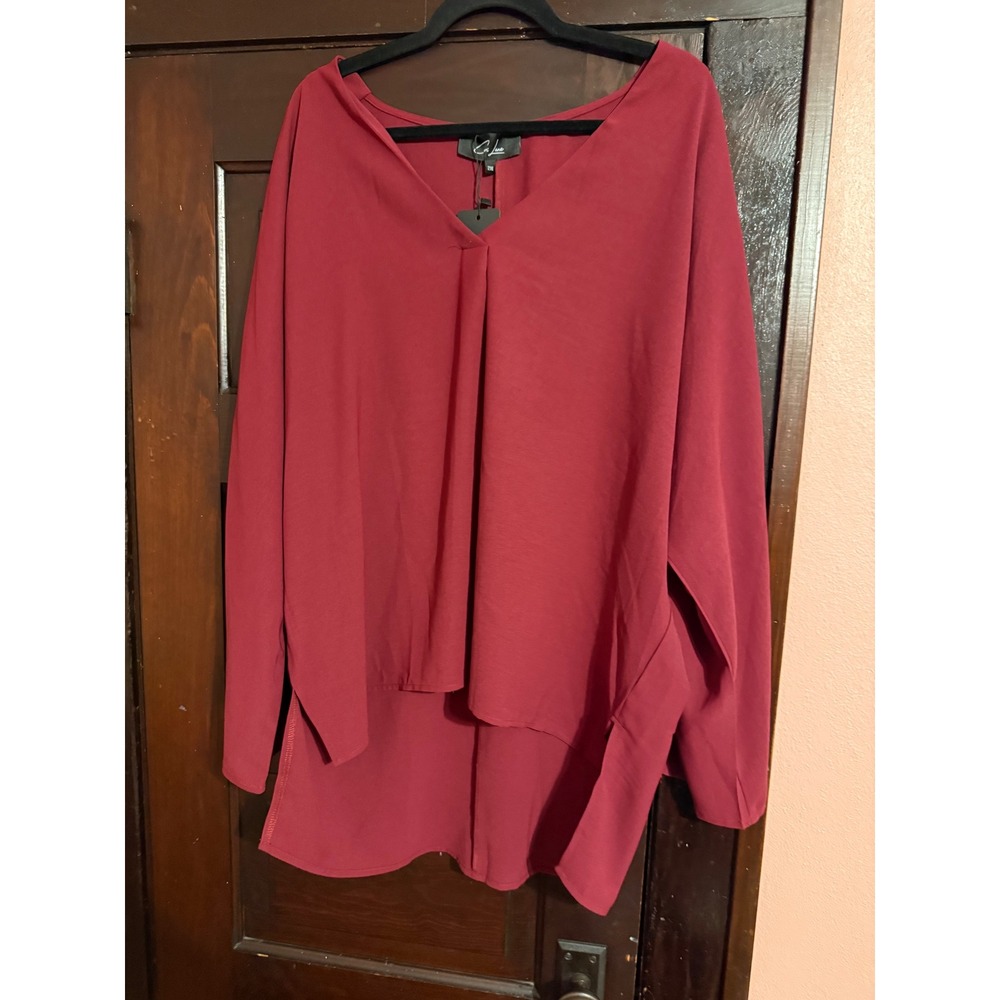 Cori Lane Womens 2XL Burgundy V-Neck High-Low Blouse Long Sleeve Side Slit Top